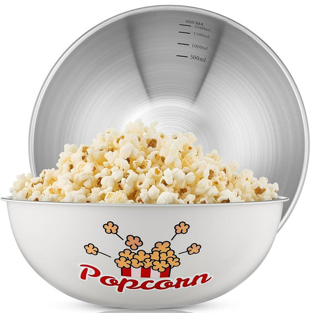 Skybooly 2 Pcs Stainless Steel Popcorn Bowl Set for Movie Night Carnival Party 3 Qt Reusable Metal Popcorn Buckets Large Snacks Mixing Bowl Serving Container for Home Kitchen (Pop,White)