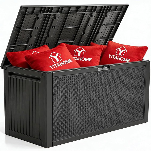 YITAHOME 90 Gallon Large Outdoor Deck Box, Lockable Waterproof Resin Storage Box with Handles, Weatherproof & UV Resistant, Patio Garden Tool Container for Outdoor Furniture, Dark Grey