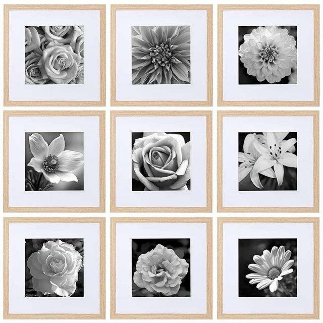 eletecpro 12x12 Picture Frames Set of 9, Wooden Square Wall Frame Displays 8x8 With Mat and 12x12 Without Mat, Poster Frame for Wall Hanging Home Decoration - Gallery Wall Frame Set (Natural, 12x12)