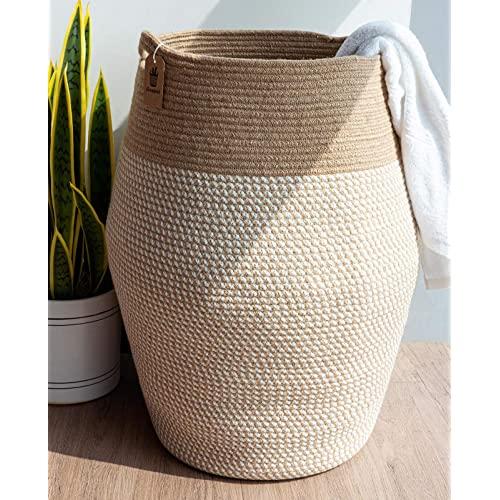 Goodpick Tall Laundry Hamper | Woven Jute Rope Dirty Clothes Hamper Modern Hamper Basket Large in Laundry Room, 25.6" Height, White