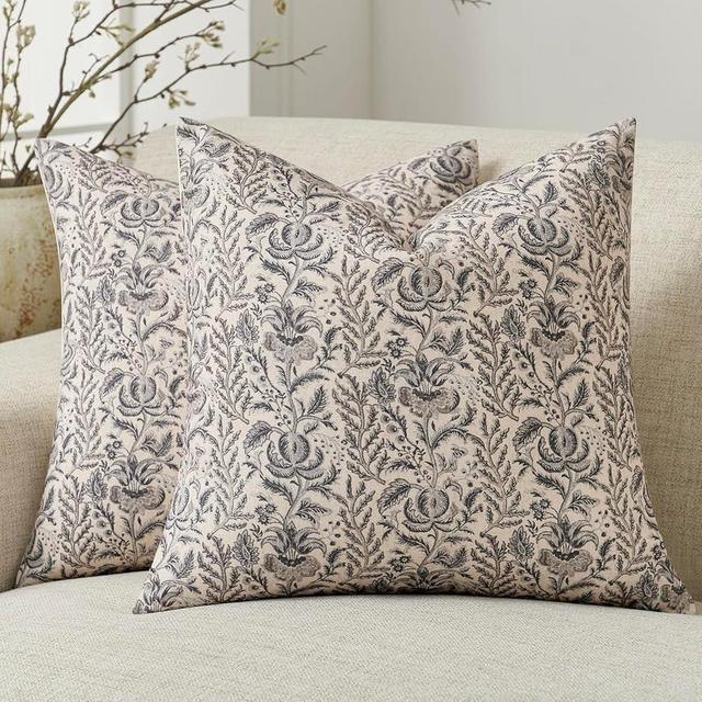 Amor Virisso Floral Pillow Covers 24x24 Set of 2 Vintage Block Print Pillow Covers Neutral Floral Striped Farmhouse Accent Decorative Pillow Covers for Sofa Bed, Grey
