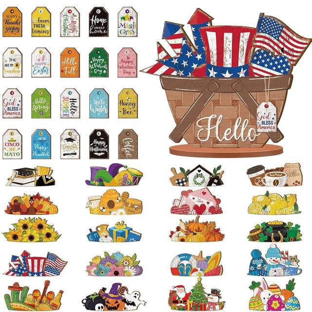 Anglechic 42 Pcs Small Interchangeable Flower Basket Memorial Day Decor Holiday Seasonal Sign Wood Rustic Farmhouse DIY Hanging Drop July 4th Home Office Desk Accessories Tiered Tray Decoration Gift