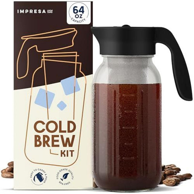 Impresa 64 oz Cold Brew Mason Jar Coffee Maker w/ Wide Mouth Cold Brew Coffee Pitcher, Lid, Bonus Gasket & Cold Brew Filter