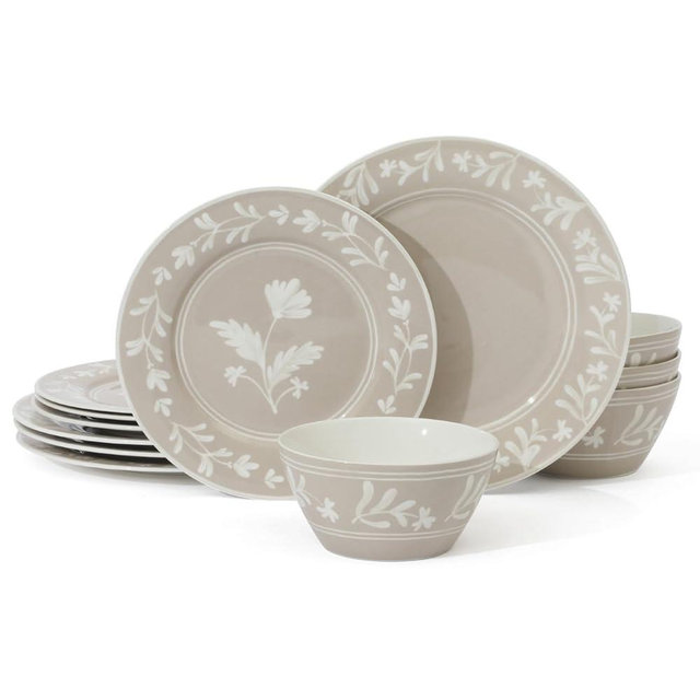 Martha Stewart Maiden Crown 12-Piece Taupe Dinnerware Set – Vegan Bone China Ceramic Plates & Bowls – Floral Design – Service for 4 – Dishwasher & Microwave Safe