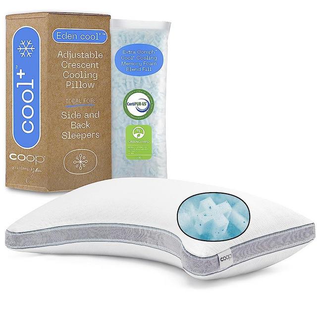 Coop Home Goods Eden Cool+ Crescent Pillow, Queen Size Plus Shaped Memory Foam Pillows with Cooling Gel, Back or Side Sleeper Pillow, Adjustable Neck Support for Sleeping, CertiPUR US/GREENGUARD Gold