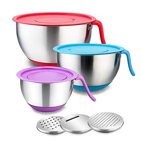 Stainless Steel Mixing Bowls with Lids, E-far Metal Mixing Bowl Set with 3 Graters, Long Handle, Pour Spout, Non-Slip Bottom & Stackable, Great for Cooking, Baking, Prepping, Set of 3 - 5/3/1.5 QT