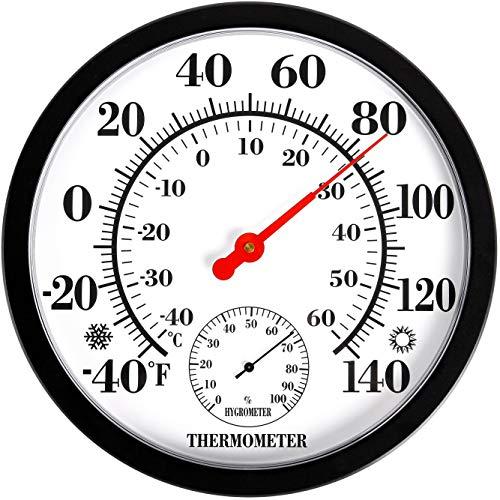 MIKSUS 10" Premium Large Wall Thermometer-Hygrometer Indoor Outdoor for Patio, Pool, Kitchen, Garden, Wall and Room Decorative (Black)