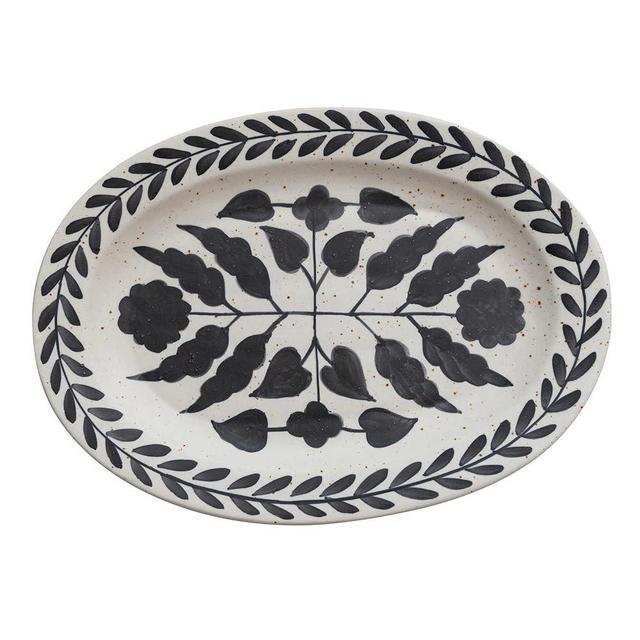 Creative Co-Op Hand Painted Stoneware Floral Design, Black and White Platter