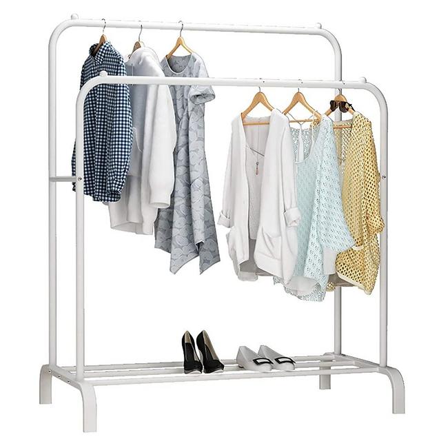 UDEAR Garment Rack Freestanding Hanger Double Pole Multi-functional Bedroom Clothing Rack, White
