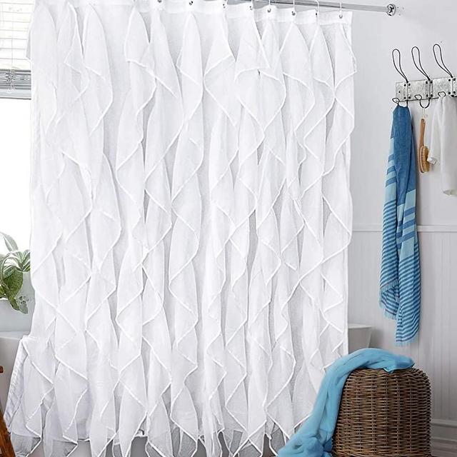 Reisen White Ruffle Shower Curtain Fabric / Cloth Farmhouse Bathroom Sheer Shower Curtain, 72in Long