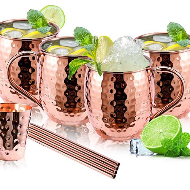 Moscow Mule Copper Mugs, Moscow Mule Cups Set of 4 HandCrafted Food Safe Copper Moscow Mule Mugs 16 oz, Copper Shot Glass and 4 Copper Straws, Attractive Box