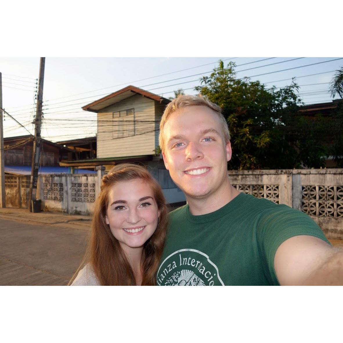 In front of our house in Si Samrong, Thailand in 2016