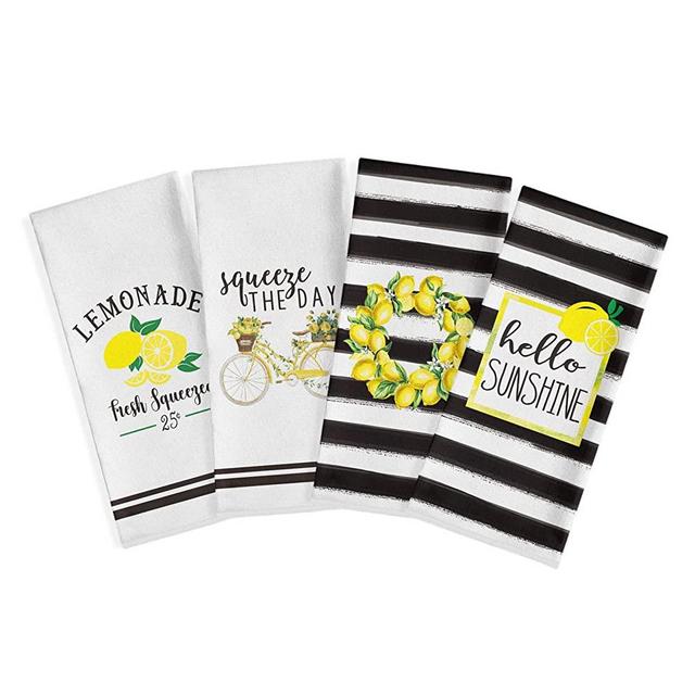 Artoid Mode Watercolor Stripes Bicycle Lemons Kitchen Dish Towels, 18 x 28 Inch Seasonal Spring Summer Hello Sunshine Ultra Absorbent Drying Cloth Tea Towels for Cooking Baking Set of 4