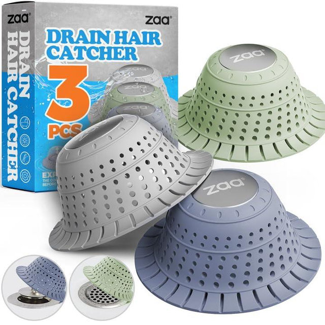 zaa Bathtub Drain Hair Catcher, Silicone Collapsible 3 Pack Drain Protector for Pop-Up and Regular Drains of Shower, Bathtub, Tub, Bathroom, Sink, Green Grey Blue