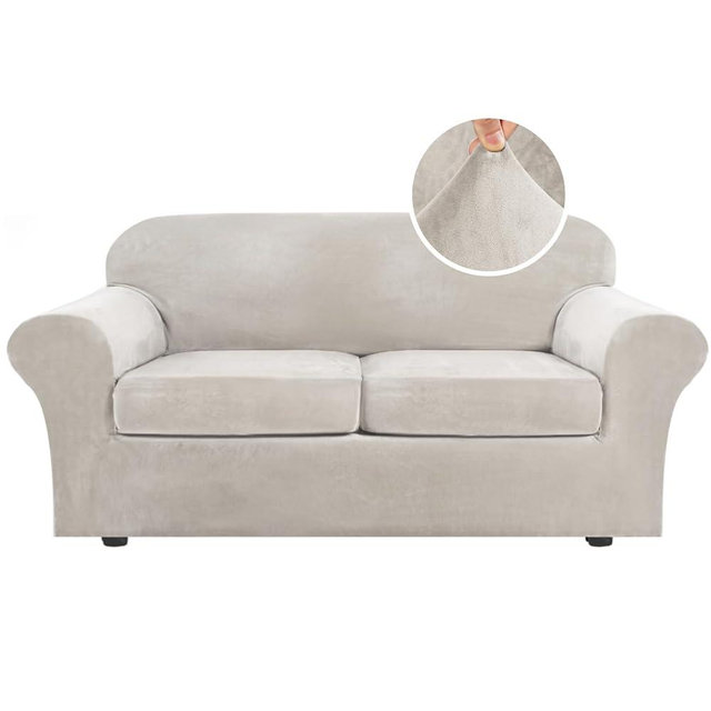 H.VERSAILTEX Real Velvet Plush 3 Piece Stretch Sofa Covers Couch Covers for 2 Cushion Couch Sofa Slipcovers Width Up to 90 Inch Thick Soft Stay in Place (Large Sofa, Oatmeal)