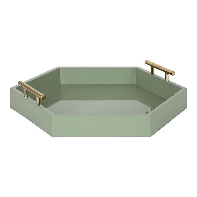 Kate and Laurel Lipton Modern Hexagon Tray, 18 x 18, Sage Green with Gold Handles, Midcentury Decorative Serving Tray for Storage and Display in Living Room Decor Scheme
