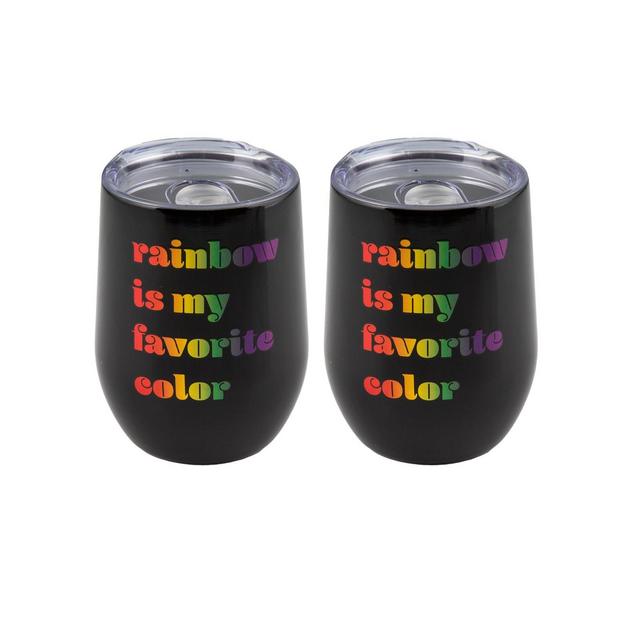 Double Wall 2 Pack of 12 oz Black Wine Tumblers with Metallic "Rainbow is My Favorite Color" Decal