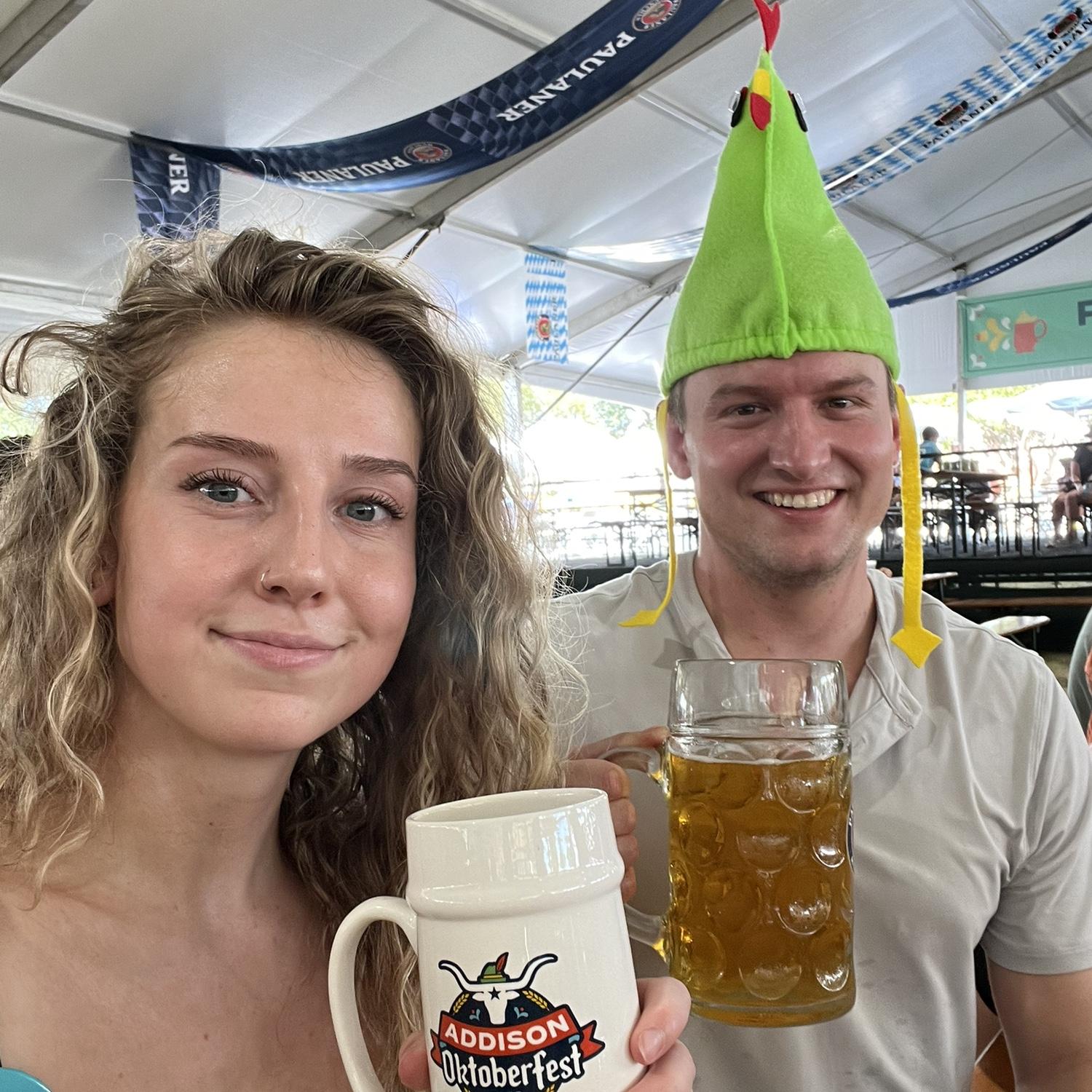 Dallas, TX - 2024
One of our FAVORITE activities in Dallas was the Oktoberfest celebration. Austin fell in love with this chicken hat (which is likely to make an appearance at the wedding).