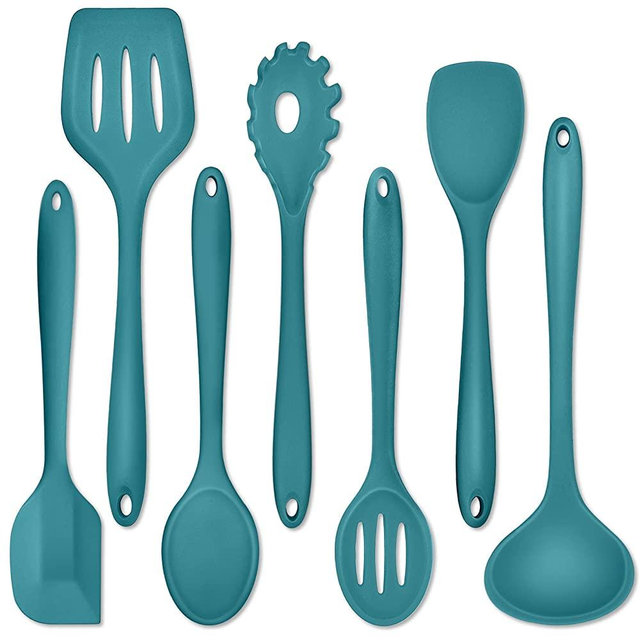 Silicone Blue Kitchen Utensils Set of 7, P&P CHEF Heat-resistant Cooking Cook Utensil for Home Kitchen Camping, Smooth Head to Protect Coated Cookwares, Slotted Turner, Soup Ladle, Spatula, Spoon