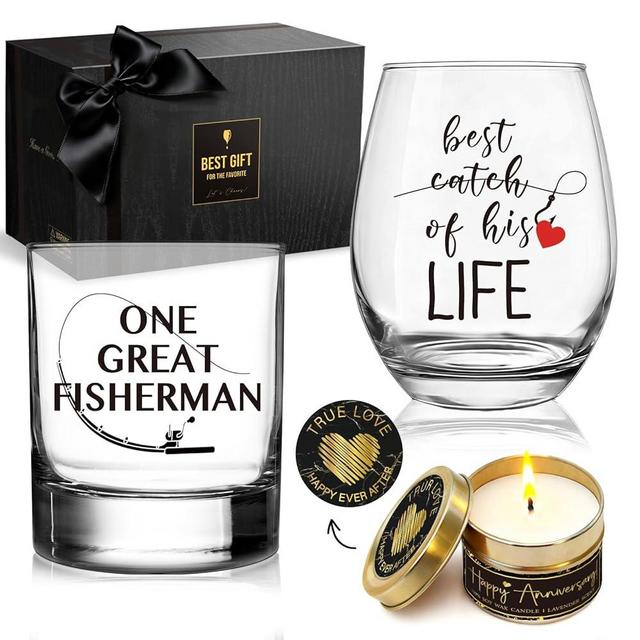 Fashions One Great Fisherman, Best Catch Of His Life Anniversary Wine Glass Candle Gift Set for Couples, Funny Engagement Wedding wine glass Gifts for Fishing Couples Mr&Mrs, Newlyweds, Bride&Groom-28