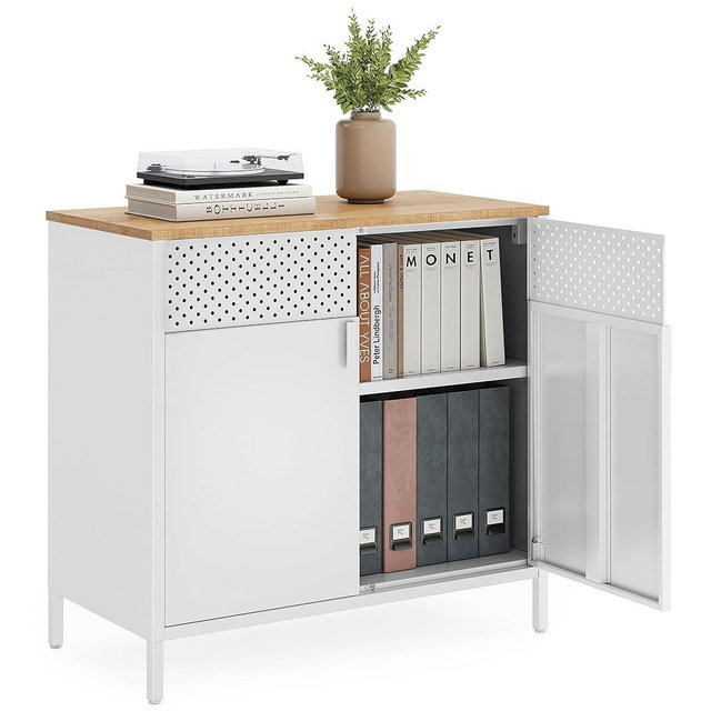 SONGMICS Storage Cabinet, Floor Standing Cabinet with Door, 15.7 x 31.5 x 29.9 Inches, Adjustable Shelf, Space-Saving Sideboard, Industrial Style, Natural Beige and White LSC102W57