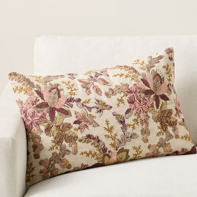 Aila Embroidered Lumbar Pillow Cover, Neutral Multi, 16" x 26"