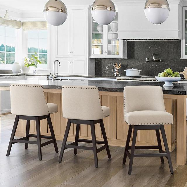 Cozyman 26 Inch Bar Stools Set of 3, Linen Color Swivel Counter Stools with Back, Linen Fabric Upholstered Barstools, Solid Wood Legs with Footrest, Modern Bar Stool for Kitchen Island, Pub