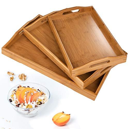 Serving Tray,Wood Serving Tray with Handles Boobam Serving Tray Set for Food,Breakfast,Dinner,Ottoman Coffee Table, Parties,Restaurants(3 Pack)