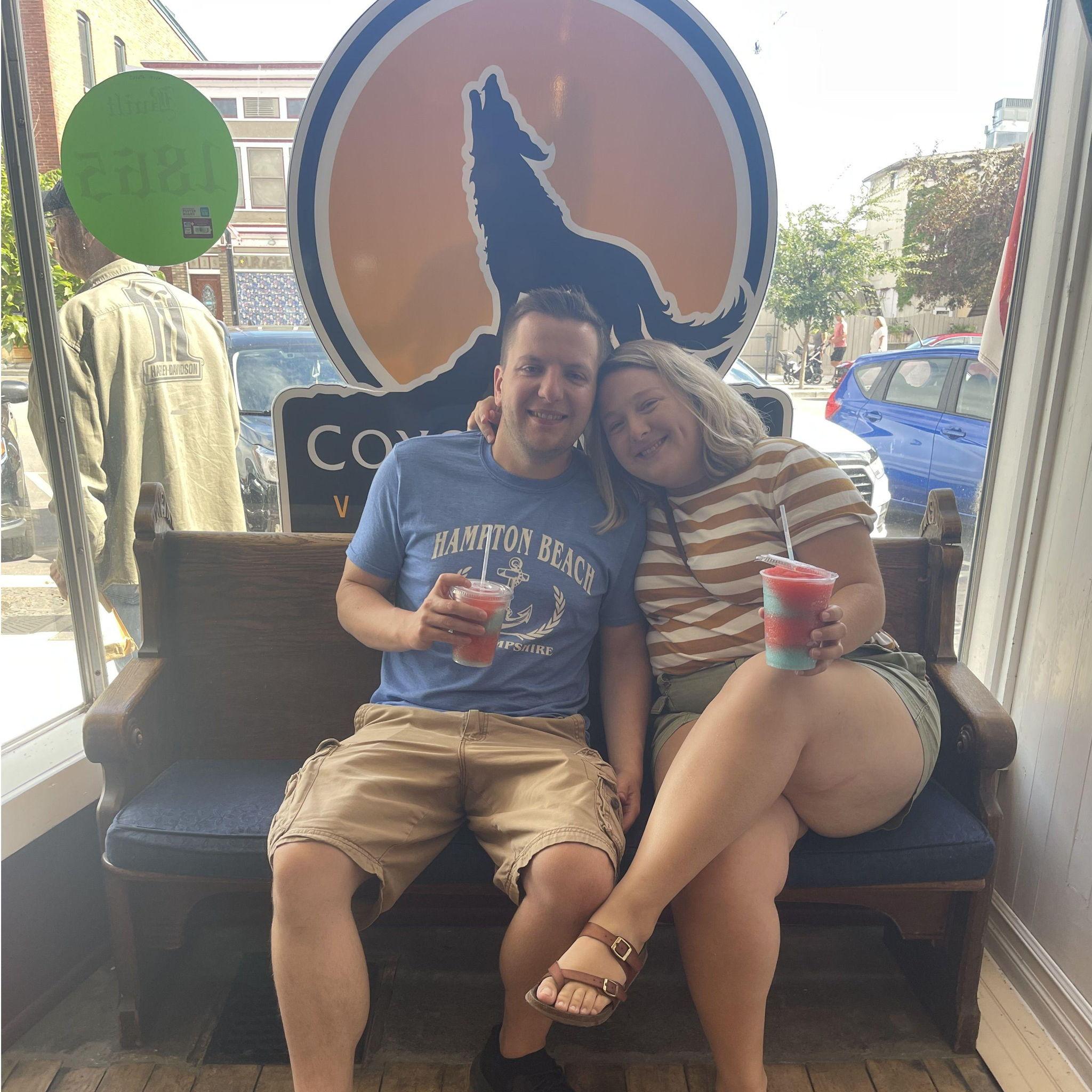 Enjoying a wine slushie at Coyote Moon during the yearly trip to Steve's family's camp in Clayton, NY - August, 2023