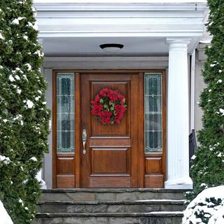 Christmas Wreath with Velvet Poinsettia Blooms and Leaves