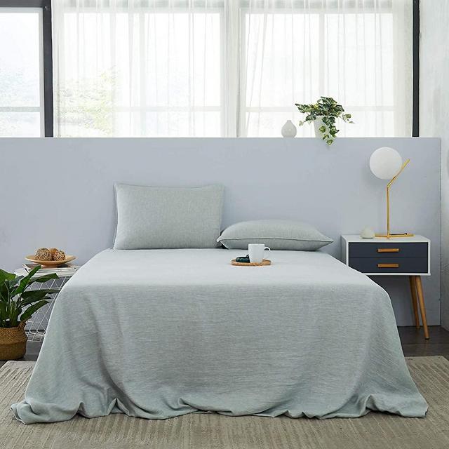 DAPU Pure Stone Washed Linen Sheets Set 100% French Natural Linen European Flax (Queen, Pastel Green, Flat, Fitted and 2 Pillowcases)