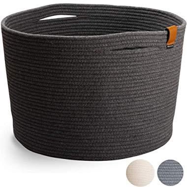 DENJA & CO Extra Large Blanket Basket (21" Wide x 13.8" Tall) | Woven Large Basket for Blankets Living Room | Decorative Baskets for Blanket Storage - Charcoal Gray