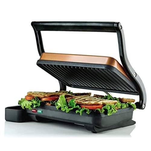 Ovente Electric Countertop Panini Press Grill with Double Nonstick Flat Cooking Plate and Portable Drip Tray, Cool Touch Sandwich Maker Toaster Perfect for BBQ Grilled Fish & Cheese, Copper GP0620CO