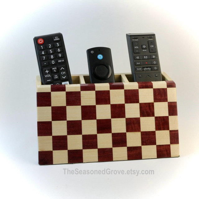 Wood TV Remote Control Holder Caddy for 3 Remotes. Game Control Holder. Checkerboard Pattern Handcrafted of Maple & Purpleheart.