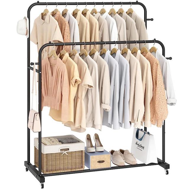 Laiensia Double Rods Garment Rack with Wheels, Clothing Rack for Hanging Clothes,4 Hooks, Multi-functional Bedroom Clothes Rack, Black