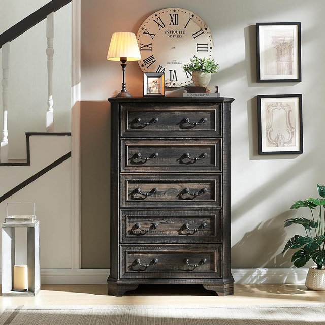 T4TREAM Farmhouse 5 Drawers Dresser Chests for Bedroom, Wood Rustic Tall Chest of Drawers, Dressers Organizer for Bedroom, Living Room, Hallway, Dark Rustic Oak