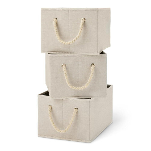 Amazon Basics Foldable Storage Bins with Rope Handles, Linen, Large, Pack of 3