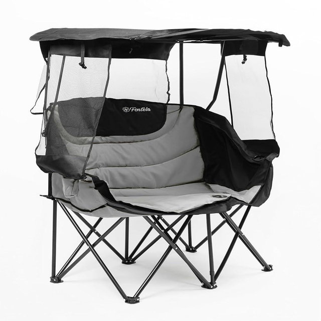 Double Camping Chair with Canopy, Folding Two-Person Seat, Portable Outdoor Loveseat with Shade, Folding Chair for Beach, Lawn, and Outdoor Activities