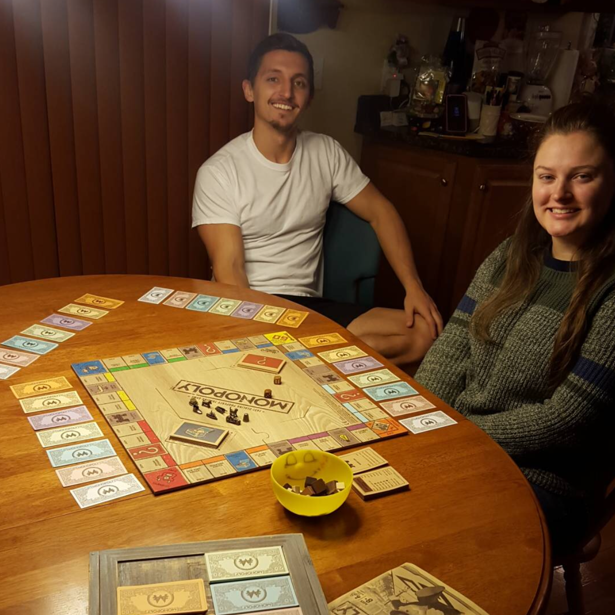 Even though Sarah has only beat Yuriy 2x in this game, we still love to play Monopoly and have game nights frequently.
