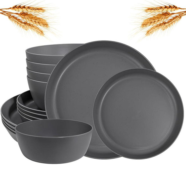 EI 12pcs Wheat Straw Dinnerware Set of 4,Kitchen Plates and Bowls,Reuasble Plates,Unbreakable Dinner Plates,Hard Premium Plastic Plates,Party Plastic Plates Set for Camping,Picninc,Halloween