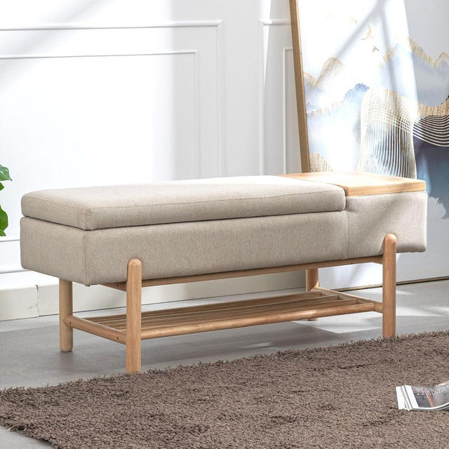 ROCITY Linen Fabric Bench for Bedroom End of Bed Beige Upholstered Storage Ottoman Bench with Cushion Seating for Living Room Entryway, Wood Legs
