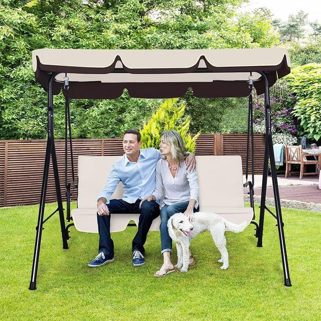 GARTOO 3-Seat Patio Swing Chair, Outdoor Porch Swing with Adjustable Canopy and Durable Steel Frame for Patio, Garden, Poolside (Beige)