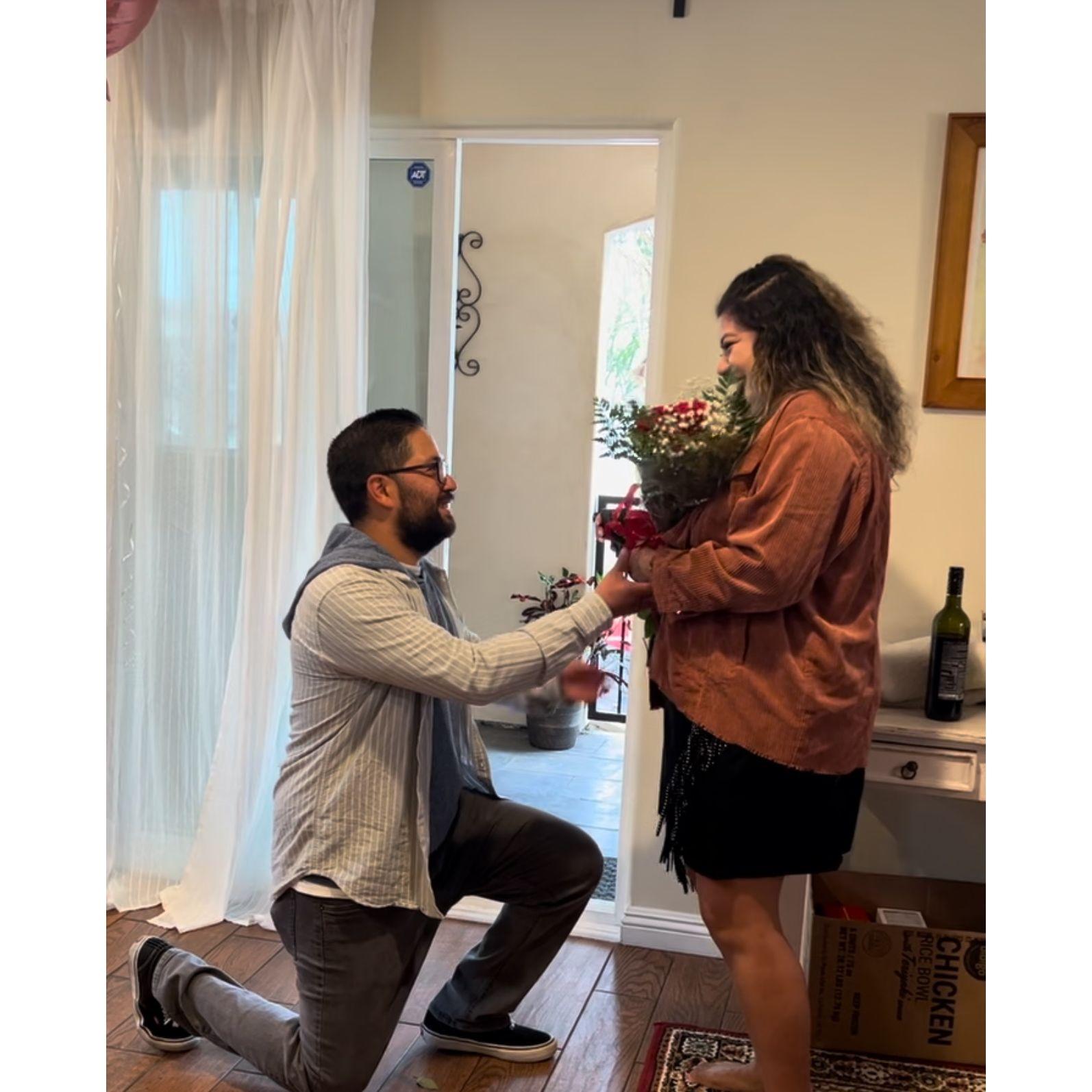 This moment was captured during our engagement! This moment happened after a weekend celebrating our birthdays and a Kx5 show at the LA Colosseum!