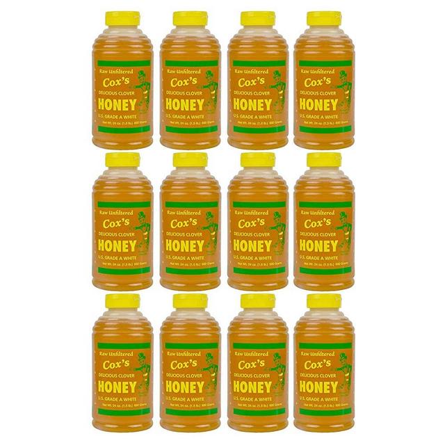 Cox's Honey - Raw Unfiltered Liquid Honey, 24 OZ 12 Pack | 100% Pure Clover Delicious Honey - Product of the USA
