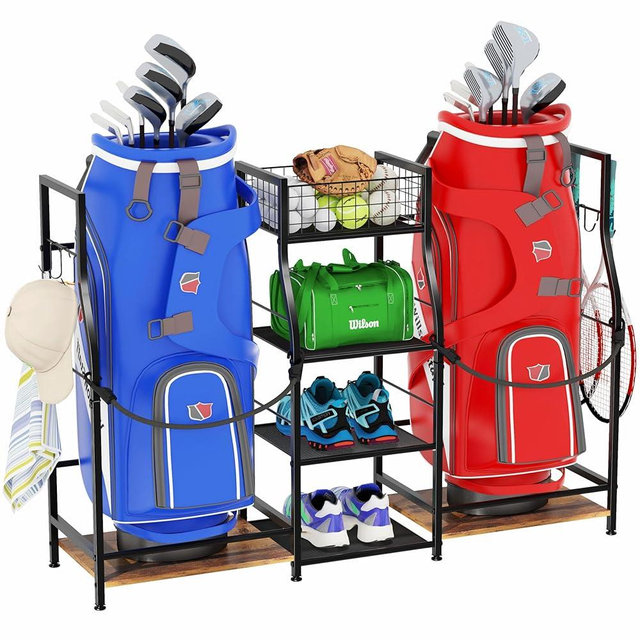 Golf Bag Storage Organizer for Garage Organization, Golf Bag Stand Fits 2 Golf Bags, Golf Organizer for Golf Bag Accessories, Spacious Rack for Golf Clubs & Golf Essentials, Ideal Golf Gifts for Men