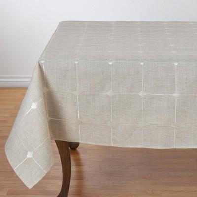 67"x67" Natural Poly And Linen Blend Tablecloth With Embroidered Design Light Brown - Saro Lifestyle