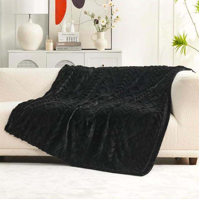 Cozy Bliss Faux Fur Throw Blanket for Couch, Jacquard Fuzzy Plush Soft Thick Winter Throw Blanket for Sofa Bed Living Room Bedroom, 50 * 60 Inches Black