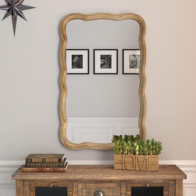 COZAYH Curved Wood Frame Accent Mirror, Farmhouse French Country Decorative Wall Mirror, Rectangle 23.5”L x 38”W, Natural