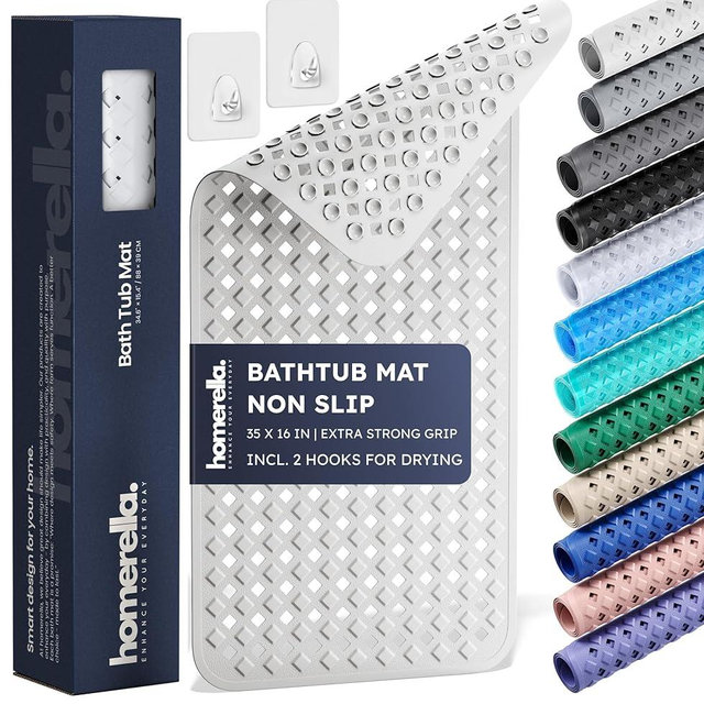 Bathtub Mat Non Slip 35x16 - homerella® Bath Mat Incl. Hooks for Drying, Extra Long, 100% BPA Free, Shower Mat Non Slip Anti Mold, Machine Washable, Shower Mats for Inside Shower Mildew Resistant
