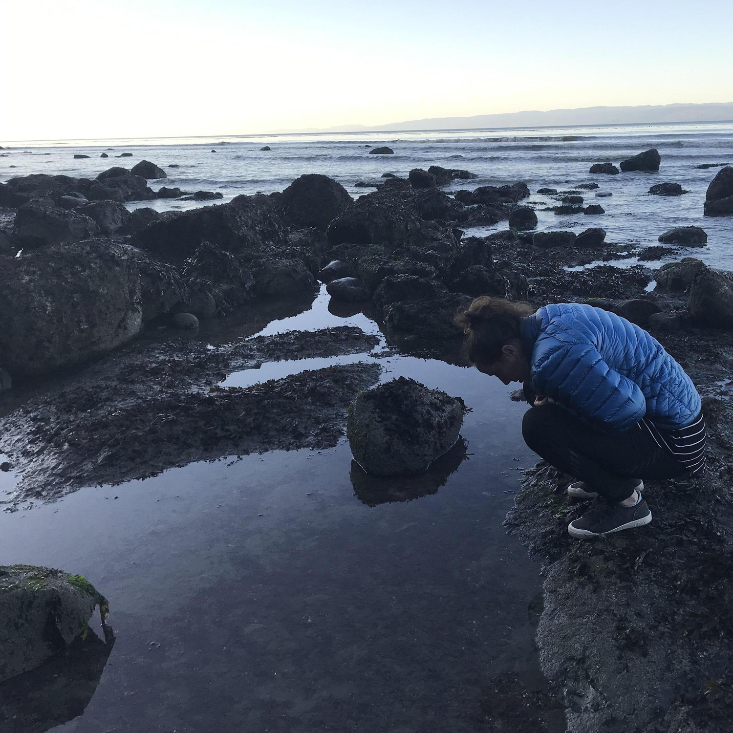 Erin exploring a tide pool on a beach walk together.